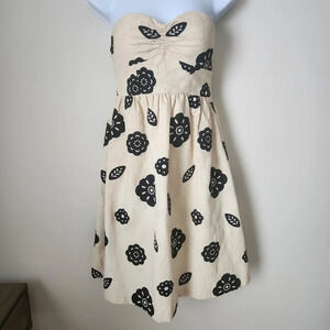 Tibi | Cream & Black Floral Cotton Blend Strapless Cocktail Mini Dress  - Sz 2